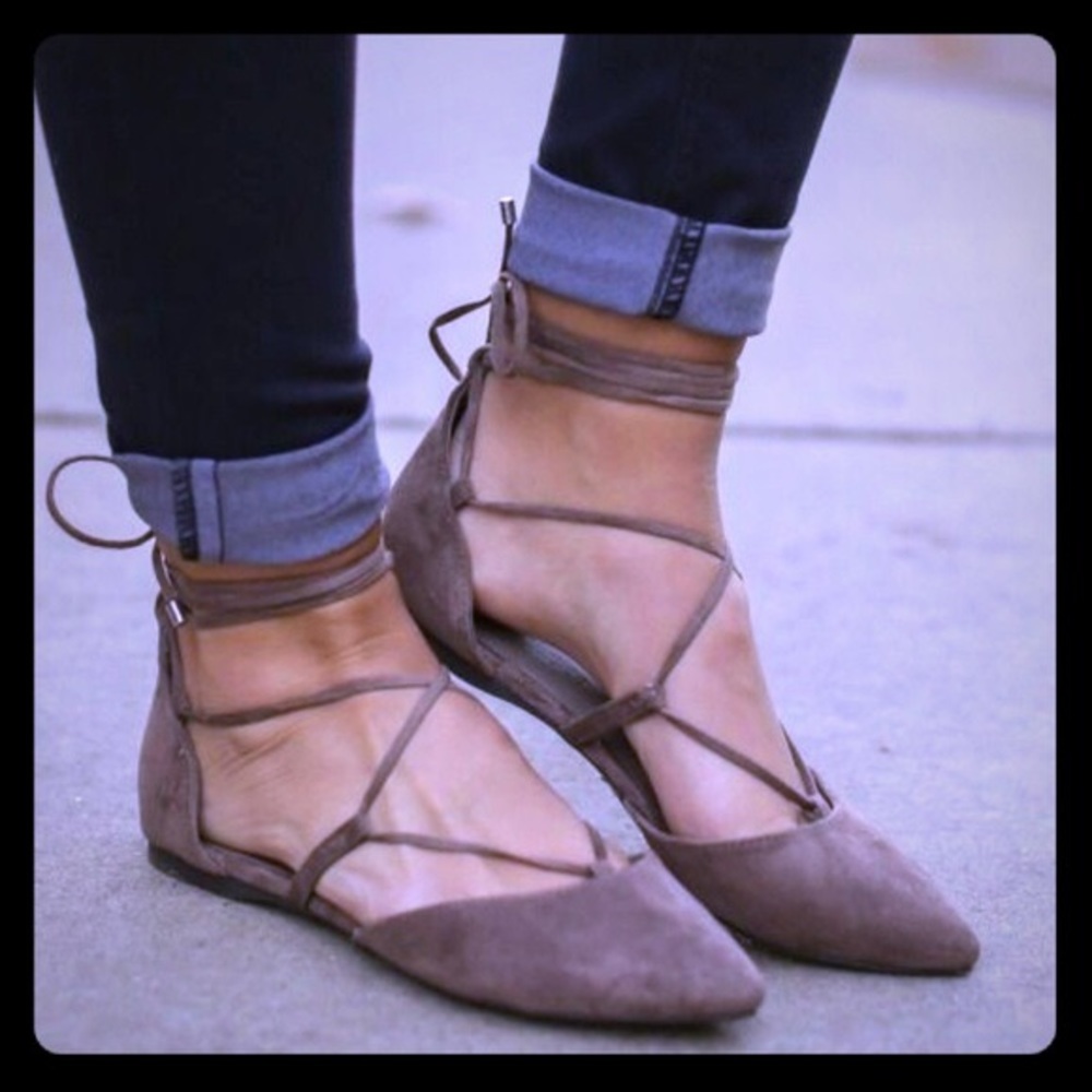 Suede Lace Up Pointed Toe Flats EUC